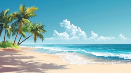 Fototapeta premium Tropical Beach Scene With Palm Trees And Ocean Waves