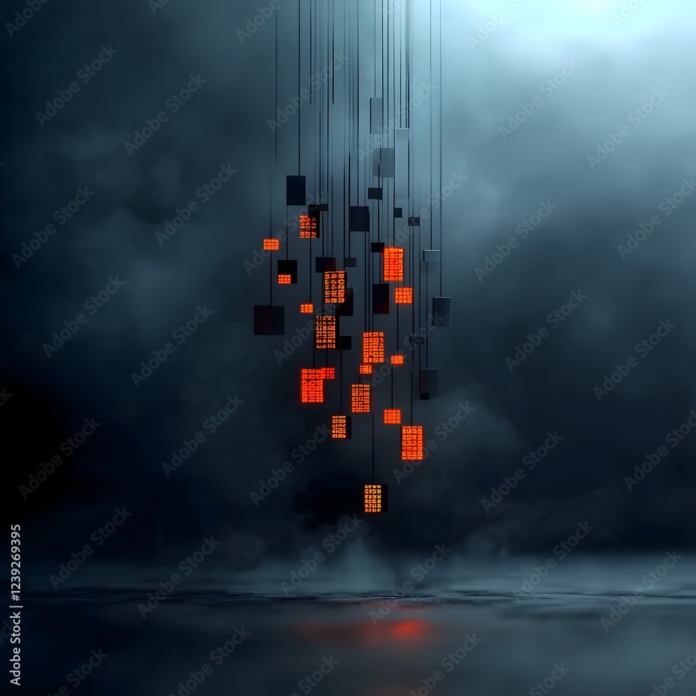 Aufkleber cascading algorithmic forms and binary data streams dance across a moody dark technological backdrop