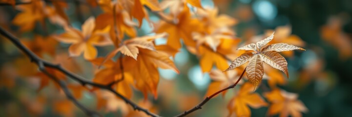 Autumn leaves on a tree branch showcasing vibrant orange hues in a serene forest setting