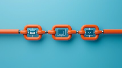 A keyword is essential for SEO and strong backlink building. Abstract digital connection with orange pipes and screens on blue background.