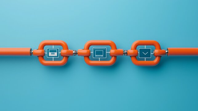 A keyword is essential for SEO and strong backlink building. Abstract digital connection with orange pipes and screens on blue background.