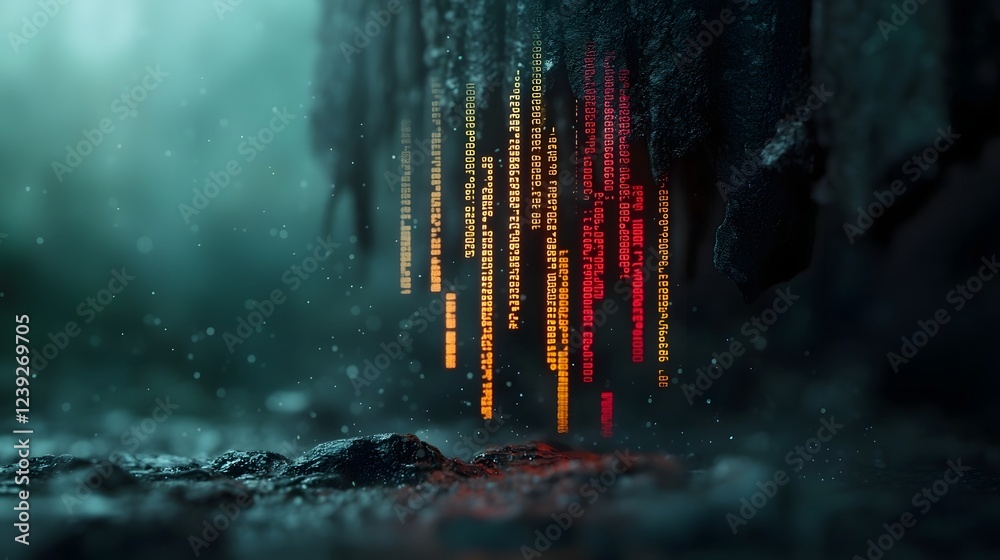 Poster cascading digital flow of binary code and futuristic neon accents across a mysterious shadowy landsc