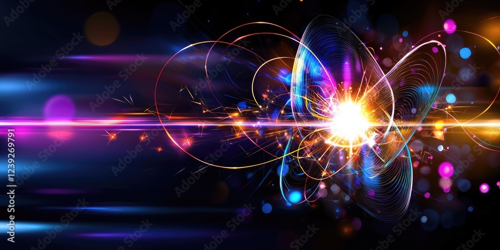 Poster Infographic-style image of particle collision theory, sleek lines and vibrant colors, clear neutral background