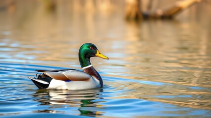 Obraz premium Colorful male duck swimming peacefully in a serene body of water during sunset