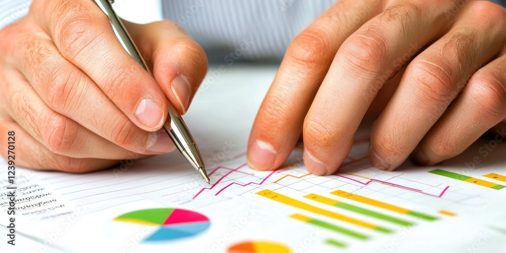 Aufkleber hands working on a market research report with a neutral background