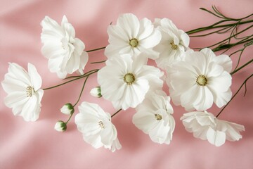 Fototapeta premium Elegant White Cosmos Flowers on Pink Background