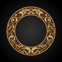 Round wooden vintage frame with classic gold carved ornaments. Luxury gold element border frame illustration