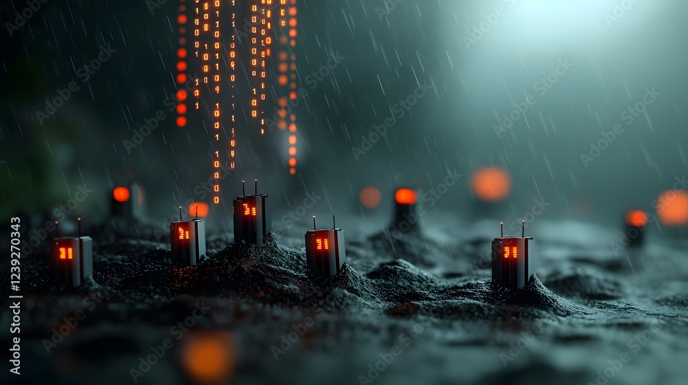 Poster cascading lines of binary code flow across a mysterious shadowy landscape evoking the essence of dig