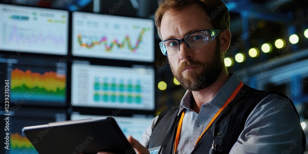 Aufkleber Market research analyst reviewing data on a tablet with graphs in the background