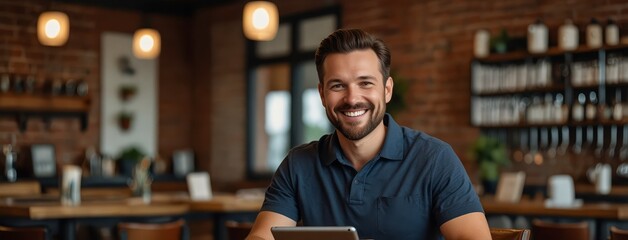 A male small business owner in a restaurant setting, smiling as he uses a tablet for digital marketing