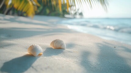Obraz premium Soft Shells on Sandy Beach with Gentle Waves in Background