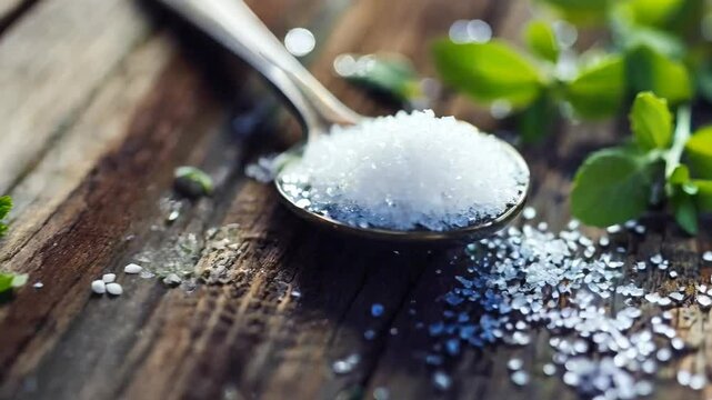 Scattering of spices on a spoon on a wooden table

