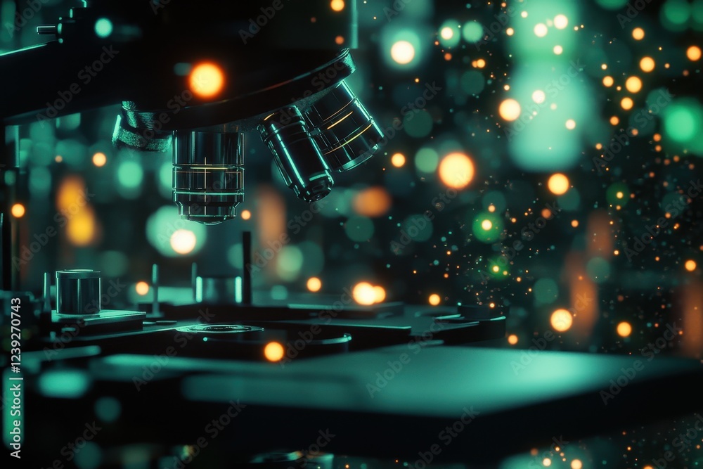 Poster close-up view of a microscope and colorful bokeh lights in a laboratory setting