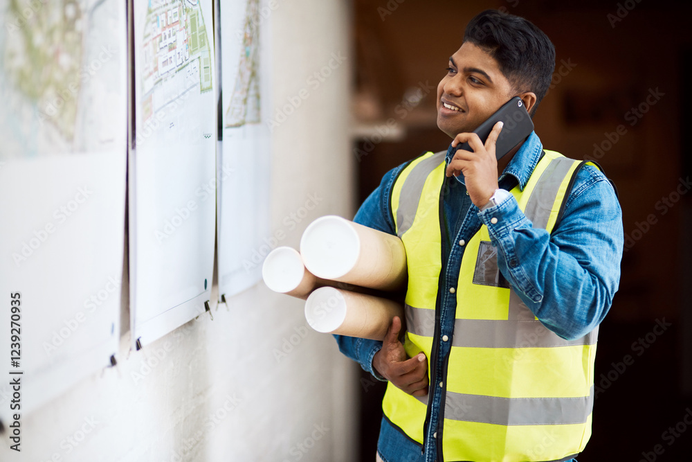 Poster Phone call, happy engineer and man with blueprint design, update or reading paperwork for construction project. Mobile, architect and conversation for communication, talking and building development