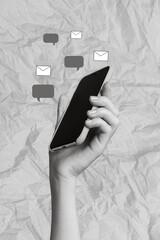 Photo collage artwork minimal picture of arm typing instagram twitter telegram facebook isolated...
