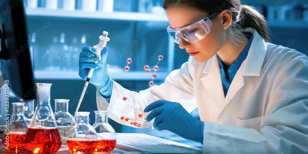 Poster researcher wearing lab coat examining molecules on a computer screen in a modern lab