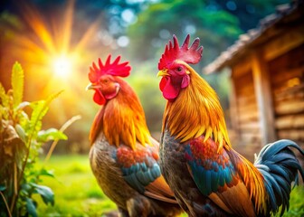 Two Proud Cockerels Facing Left, Rural Farm Scene, Copy Space