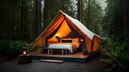 Charming Forest Nestled Glamping Tent Getaway Featuring a Luxurious Cabin Inspired Interior Design with Cozy Linens Warm Lighting and a Tranquil Woodland Backdrop