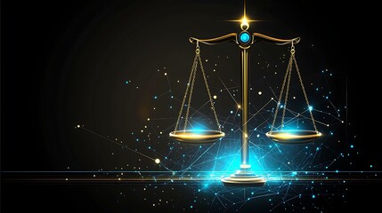 A futuristic justice scale represented by abstract geometric lines and nodes, highlighted with blue and gold hues, on a black background
