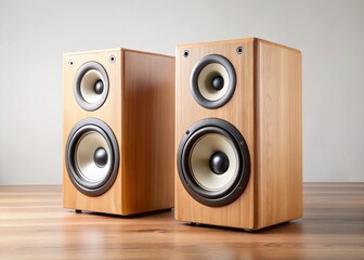 Fototapeta premium Two Wireless Speakers on Rustic Wooden Table - Blank Space for Text - White Background