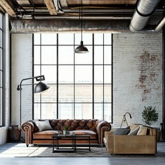 Cozy Industrial Living Room with Leather Sofa and Large Windows