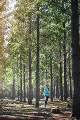 Fototapeta premium Trail, running and woman in forest with workout, trees and health challenge in morning fitness. Nature, exercise and girl runner in woods for outdoor marathon, endurance training and wellness in park