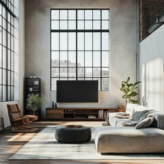 Modern Living Room Interior with Large Windows and Cozy Furniture