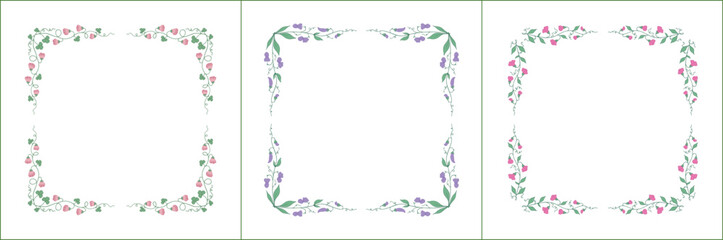 Set of three elegant green vegetal ornamental frame with purple and pink flowers, decorative border. Isolated vector illustration