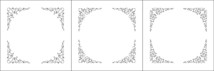Set of three vector decorative frames, vegetal ornamental frame with flowers, decorative border, corners, black and white. Isolated vector illustration.