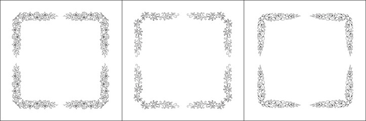 Set of three vector decorative frames, vegetal ornamental frame with flowers, decorative border, corners, black and white. Isolated vector illustration.