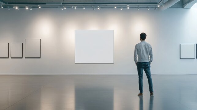 Man viewing blank canvas in modern gallery