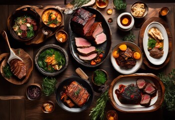 exquisite vibrant display textured meat dishes highlighting varied colors styles gourmet imagery, appetizer, arrangement, basting, baking, culinary