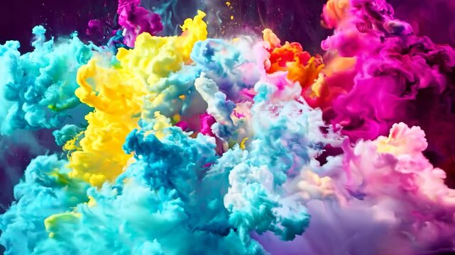 Scattering splashes of colorful bright powder on a dark background for Holi festival in India, concept of celebrating the arrival of spring, banishing evil and rebirth of life.
