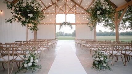 Fototapeta premium Rustic barn wedding ceremony aisle, outdoor view