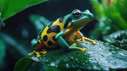 Fototapeta premium A vibrant frog with blue and yellow markings rests on a green leaf, surrounded by lush foliage in a moist environment.