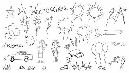 Obraz premium doodle vector of school elements like kids, books, pencils, and clouds. Simple black and white sketch, great for education, learning, and creative projects