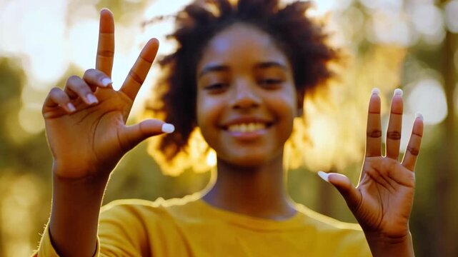 A woman is holding up her hand with her fingers spread out, as if she is making a peace sign. She is smiling and looking at the camera. Concept of positivity and happiness, as the woman's gesture
