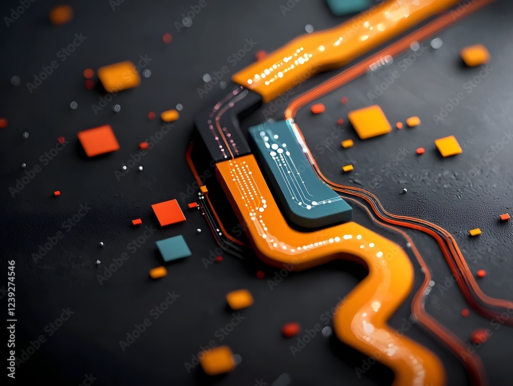 Poster converging pathways of digital information and luminous lines of data and algorithms intertwining on