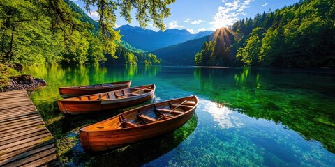 Obraz premium Serene Landscape with Wooden Boats on Tranquil Lake Surrounded by Lush Green Forest and Majestic Mountains Under Clear Blue Sky