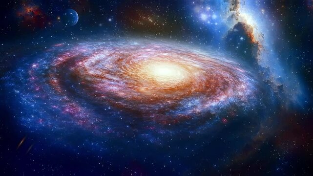Beautiful spiral galaxy with vibrant colors in deep space. Seamless looping time-lapse animation video background  

