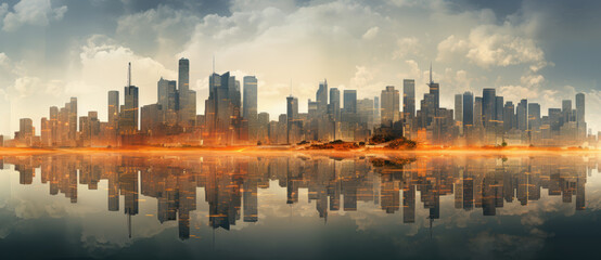Obraz premium stunning city skyline reflecting on water, showcasing modern architecture and vibrant colors. scene captures serene atmosphere with clouds and light enhancing beauty