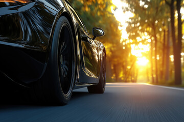 Black sports car driving along a scenic road during sunset in autumn