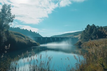 Obraz premium Serene Hydroelectric Dam Under Blue Sky