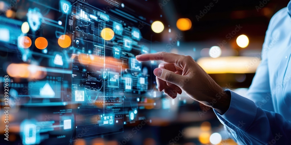 Poster Futuristic Business Man Interacting with Digital Data Panel Displaying Virtual Information and Graphical User Interface in an Innovative Office Environment