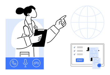 Doctor holding a clipboard points toward a globe icon, indicating international reach. Nearby, a screen displays healthcare billing and payment options. Ideal for telemedicine, global healthcare