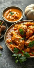 Delicious chicken dish with rich sauce, served alongside garlic and spices in a cozy setting