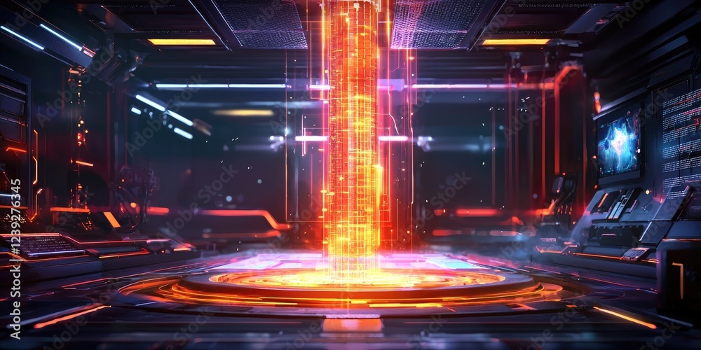 Poster futuristic sci-fi interior with vibrant orange energy beam surrounded by high-tech control panels an