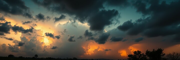 Fototapeta premium Dark and brooding storm clouds dominate the upper portion of the sky, while brilliant orange and yellow sunset colors illuminate the lower portion