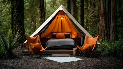 Enchanting forest framed glamping tent offering a cozy and charming retreat with soft fabrics vintage textures and dreamlike lighting creating a tranquil