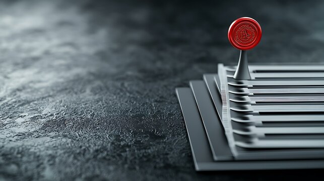 A close-up view of a stack of crisp legal papers with an embossed red seal stamp prominently displayed on the top sheet
